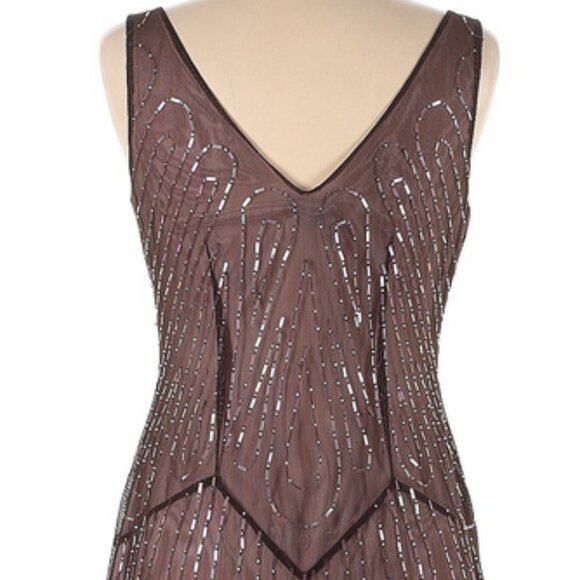 β¨ BCBG Bronze Beaded Flapper Dress | 1920s Style Sleeveless Glam M - Picture 5 of 8